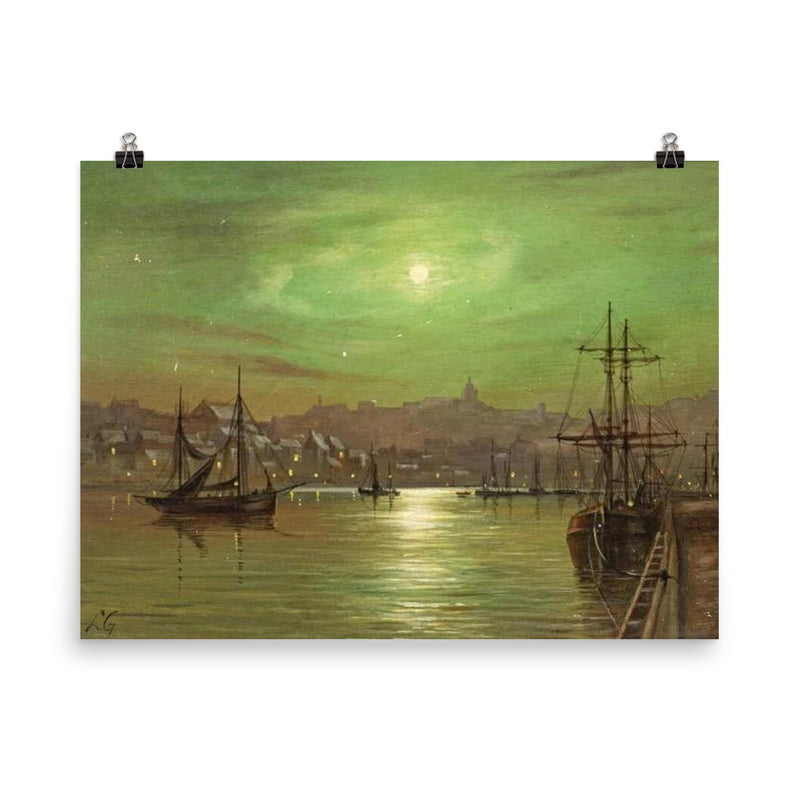 Moonlit Whitby Harbour by Louis Hubbard Grimshaw poster on a plain backdrop in size 8