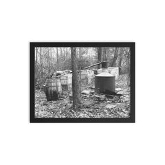 Moonshine still in the woods - A moonshiner's operation discovered by Prohibition Agents in the woods near Rosaryville, Maryland, 1931 framed print on a plain backdrop in size 12"x16".