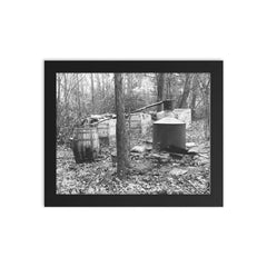 Moonshine still in the woods - A moonshiner's operation discovered by Prohibition Agents in the woods near Rosaryville, Maryland, 1931 framed print on a plain backdrop in size 8"x10".