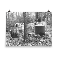 Moonshine still in the woods - A moonshiner's operation discovered by Prohibition Agents in the woods near Rosaryville, Maryland, 1931 poster on a plain backdrop in size 8"x10".
