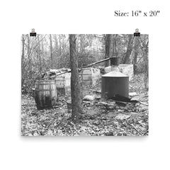 Moonshine still in the woods - A moonshiner's operation discovered by Prohibition Agents in the woods near Rosaryville, Maryland, 1931 poster 2