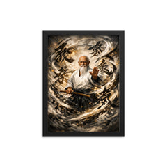 Morihei Ueshiba amid swirling calligraphic ki framed print on a plain backdrop in size 12"x16".