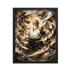 Morihei Ueshiba amid swirling calligraphic ki framed print on a plain backdrop in size 16"x20".