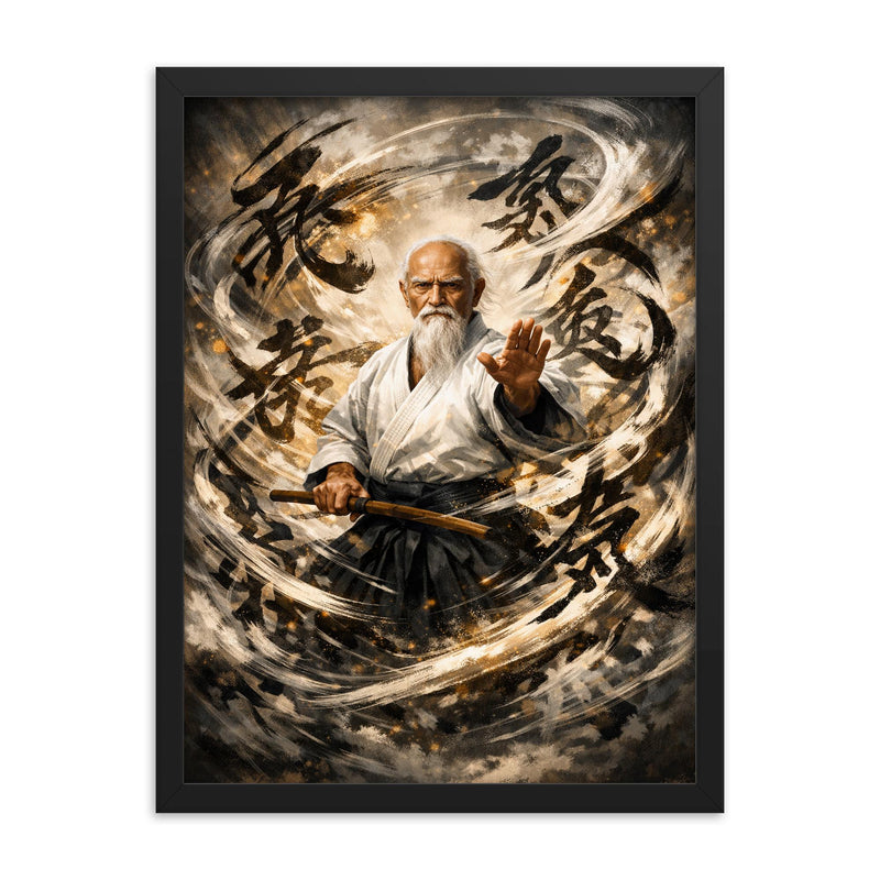 Morihei Ueshiba amid swirling calligraphic ki framed print on a plain backdrop in size 18