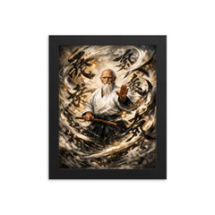 Morihei Ueshiba amid swirling calligraphic ki framed print on a plain backdrop in size 8"x10".
