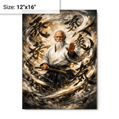 Morihei Ueshiba amid swirling calligraphic ki metal print on a plain backdrop in size 12"x16".