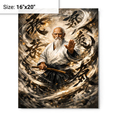 Morihei Ueshiba amid swirling calligraphic ki metal print on a plain backdrop in size 16"x20".