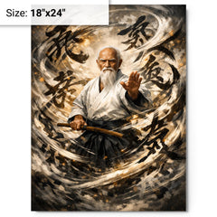 Morihei Ueshiba amid swirling calligraphic ki metal print on a plain backdrop in size 18"x24".