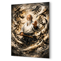 Morihei Ueshiba amid swirling calligraphic ki metal print mockup