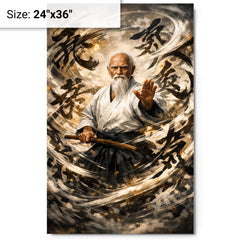 Morihei Ueshiba amid swirling calligraphic ki metal print on a plain backdrop in size 24"x36".