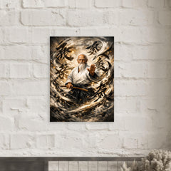 Morihei Ueshiba amid swirling calligraphic ki metal print mockup