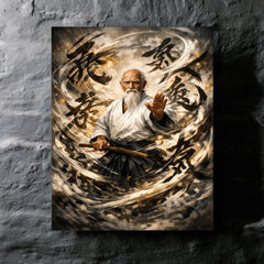 Morihei Ueshiba amid swirling calligraphic ki metal print mockup