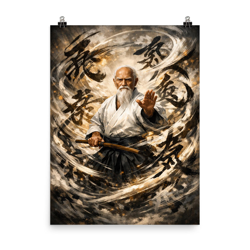 Morihei Ueshiba amid swirling calligraphic ki poster on a plain backdrop in size 8