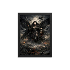 Morrigan crow goddess over battlefield mist framed print on a plain backdrop in size 12"x16".