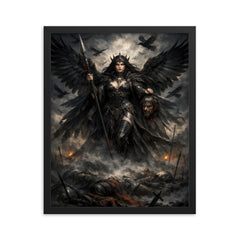 Morrigan crow goddess over battlefield mist framed print on a plain backdrop in size 16"x20".