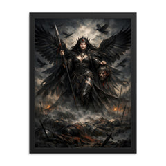 Morrigan crow goddess over battlefield mist framed print on a plain backdrop in size 18"x24".