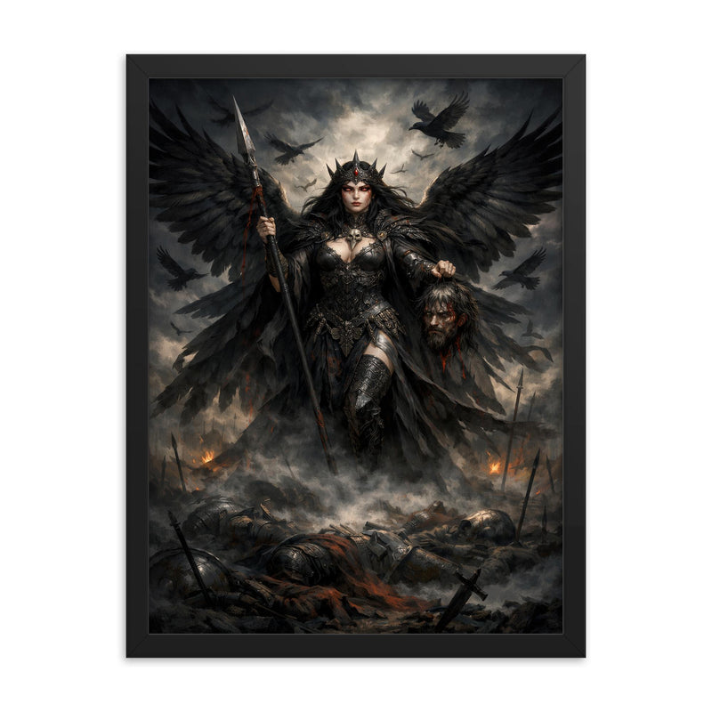 Morrigan crow goddess over battlefield mist framed print on a plain backdrop in size 18