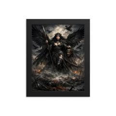 Morrigan crow goddess over battlefield mist framed print on a plain backdrop in size 8"x10".