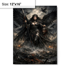 Morrigan crow goddess over battlefield mist metal print on a plain backdrop in size 12"x16".