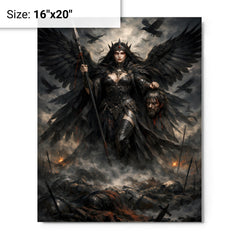 Morrigan crow goddess over battlefield mist metal print on a plain backdrop in size 16"x20".