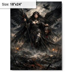 Morrigan crow goddess over battlefield mist metal print on a plain backdrop in size 18"x24".