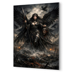 Morrigan crow goddess over battlefield mist metal print mockup