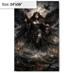 Morrigan crow goddess over battlefield mist metal print on a plain backdrop in size 24"x36".