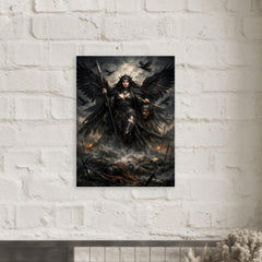 Morrigan crow goddess over battlefield mist metal print mockup