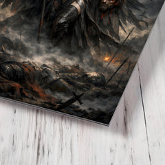 Morrigan crow goddess over battlefield mist metal print mockup