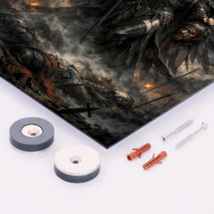 Morrigan crow goddess over battlefield mist metal print mockup