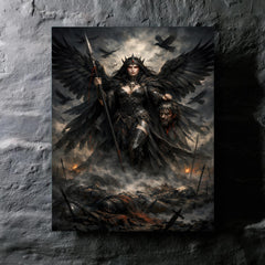 Morrigan crow goddess over battlefield mist metal print mockup