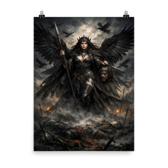 Morrigan crow goddess over battlefield mist poster on a plain backdrop in size 8"x10".