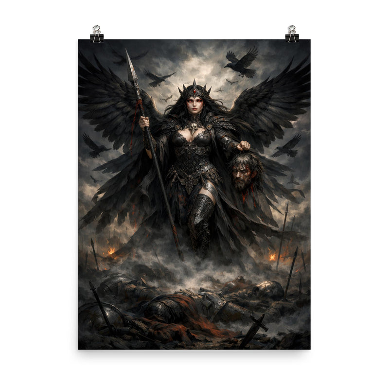 Morrigan crow goddess over battlefield mist poster on a plain backdrop in size 8