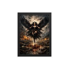 Morrigan crow winged over a battlefield river framed print on a plain backdrop in size 12"x16".