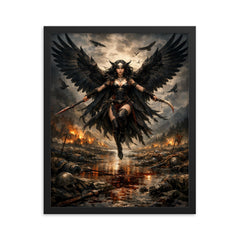 Morrigan crow winged over a battlefield river framed print on a plain backdrop in size 16"x20".