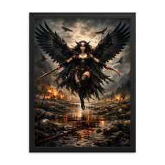 Morrigan crow winged over a battlefield river framed print on a plain backdrop in size 18"x24".
