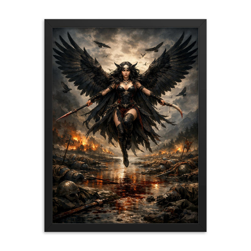 Morrigan crow winged over a battlefield river framed print on a plain backdrop in size 18
