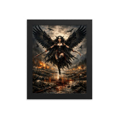 Morrigan crow winged over a battlefield river framed print on a plain backdrop in size 8"x10".