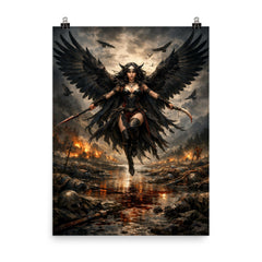 Morrigan crow winged over a battlefield river poster on a plain backdrop in size 8"x10".