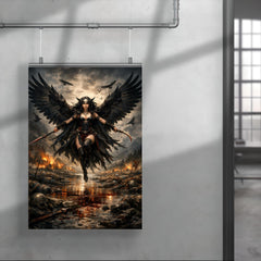 Morrigan crow winged over a battlefield river poster 4