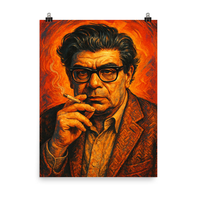 Morton Feldman poster on a plain backdrop in size 8
