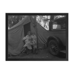 Mother and three children in a California squatter camp by Dorothea Lange framed print on a plain backdrop in size 18"x24".
