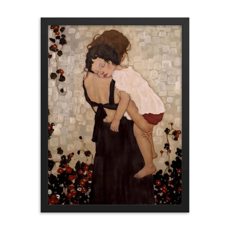 Mother Holding Child by Gustav Klimt framed print on a plain backdrop in size 18