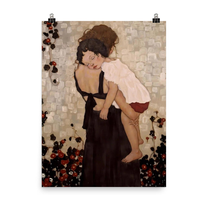 Mother Holding Child by Gustav Klimt poster on a plain backdrop in size 8