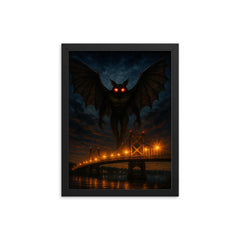 Mothman over Point Pleasant bridge lights framed print on a plain backdrop in size 12"x16".