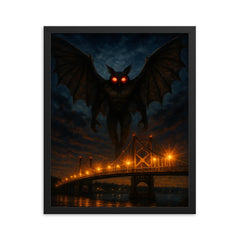 Mothman over Point Pleasant bridge lights framed print on a plain backdrop in size 16"x20".