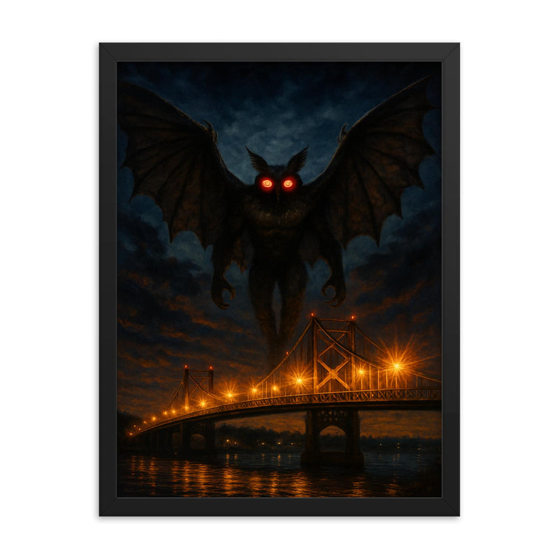 Mothman over Point Pleasant bridge lights framed print on a plain backdrop in size 18
