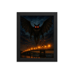 Mothman over Point Pleasant bridge lights framed print on a plain backdrop in size 8"x10".
