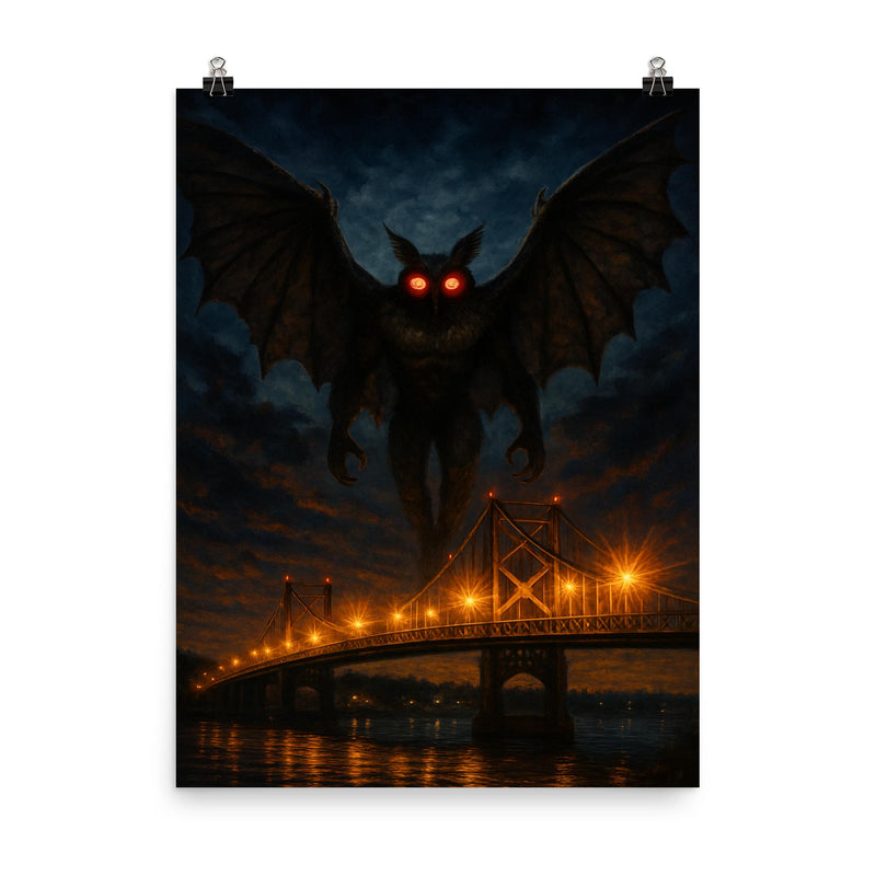 Mothman over Point Pleasant bridge lights poster on a plain backdrop in size 8