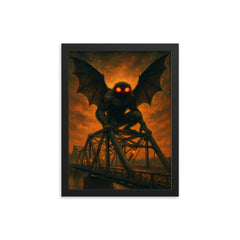 Mothman over Point Pleasant bridge steel framed print on a plain backdrop in size 12"x16".